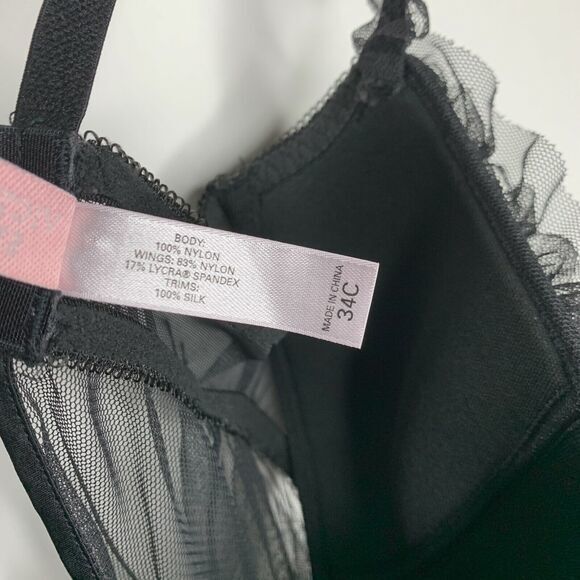 Victorias Secret Womens Size 34C Black Sheer Babydoll Nightgown Ruffle Pink Bows - Picture 4 of 5